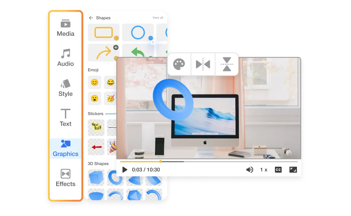 Add graphic to video with Visla's drag-and-drop feature, including customizable stickers and fun visuals.